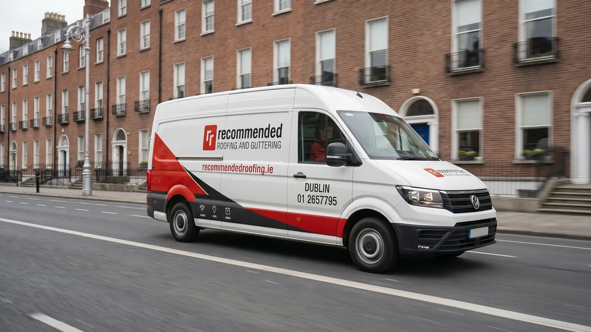 Recommended Roofing & Guttering van on a Dublin street